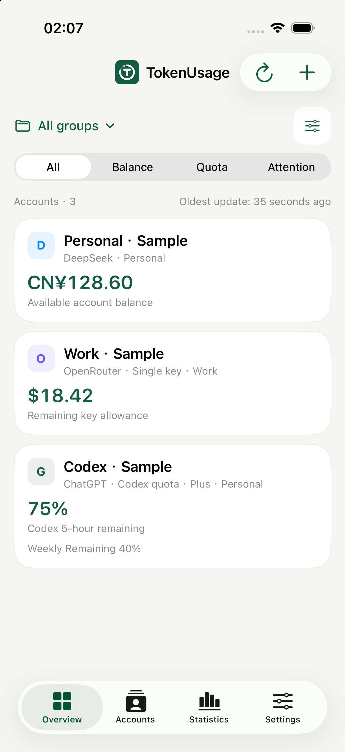 Native app interface · Synthetic example accounts